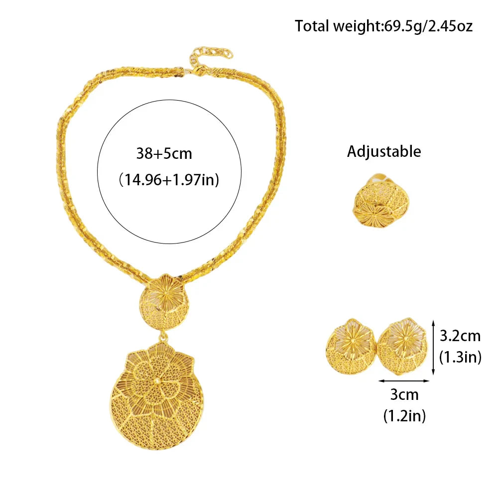 Luxury Dazzling Gold Color Necklace Earrings Ring Set for Women Gold Plated Flower Shape Jewelry Gift for Party Wedding