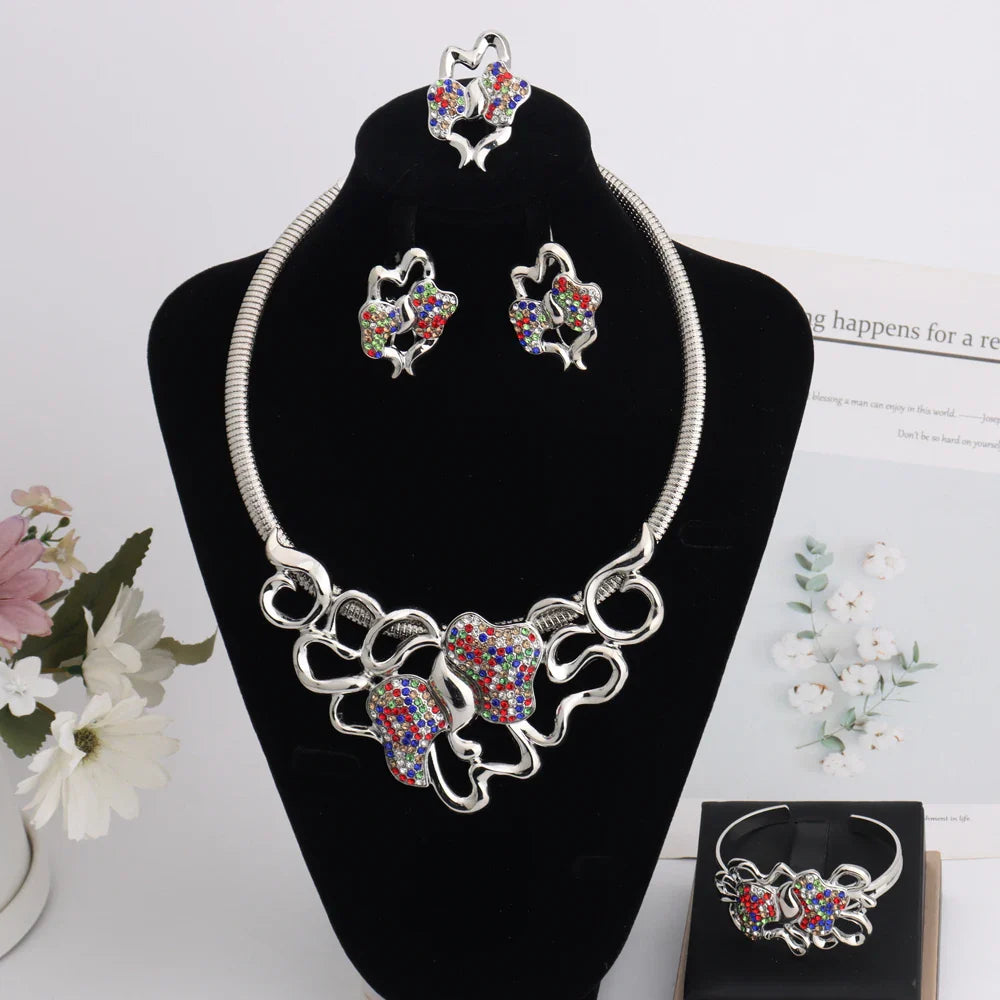 Dubai Gold Color Silver Color Irregular Hollow out Shape Jewelry Set For Women Necklace Earrings Ring Bracelet For Party Wedding
