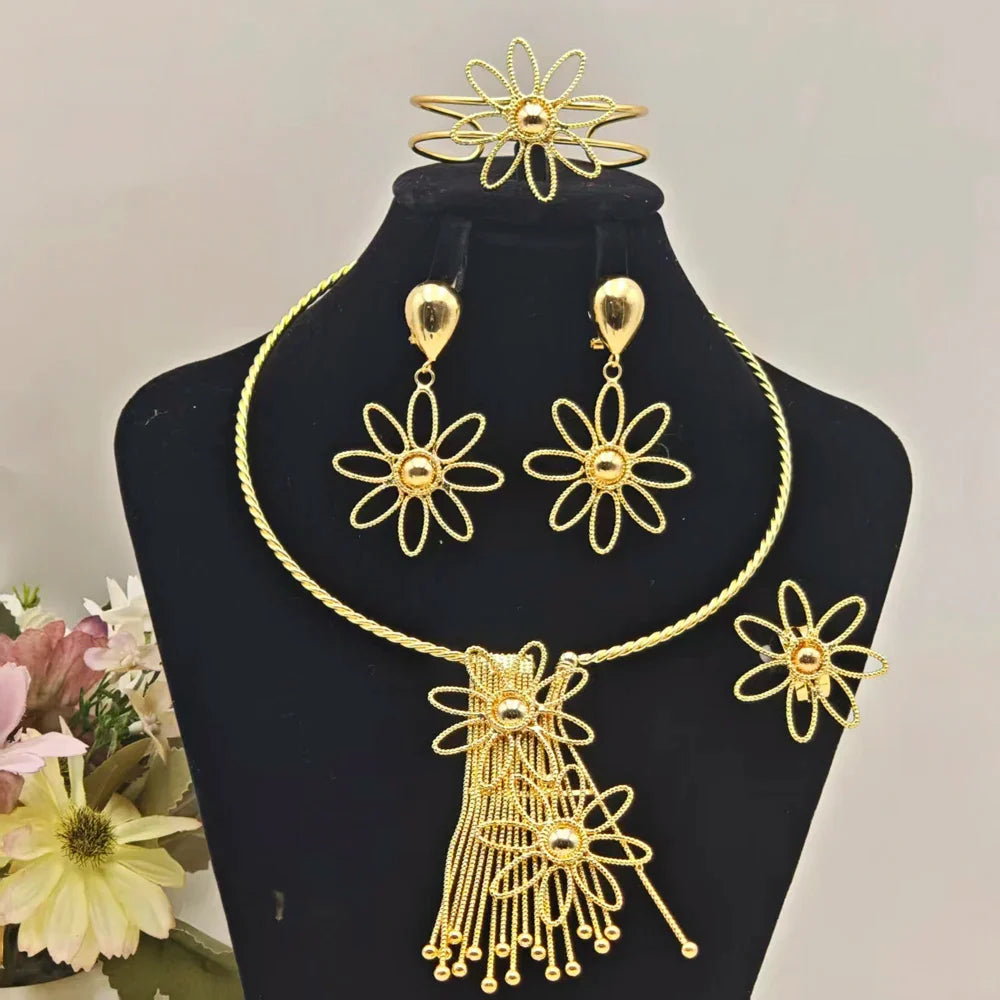 Dubai Woman Big Jewelry Set Nigeria Gold Plated Earrings Necklace Hollowed Out Flower Design Bride Bangle Rings Mother's Day