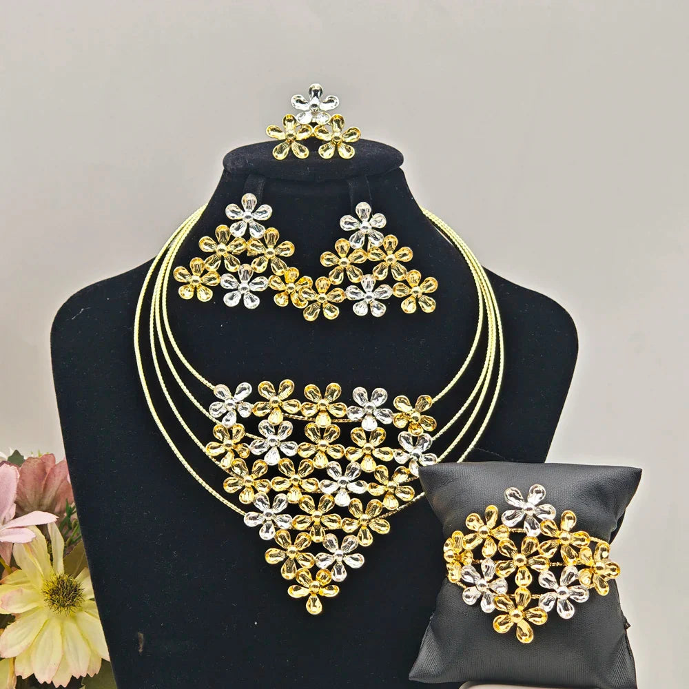 Ethiopia Elegant Jewelry Set Brazilian Flower Shape Necklace Earrings Luxury Bangle And Ring For Dubai Party Mother's Day Gift