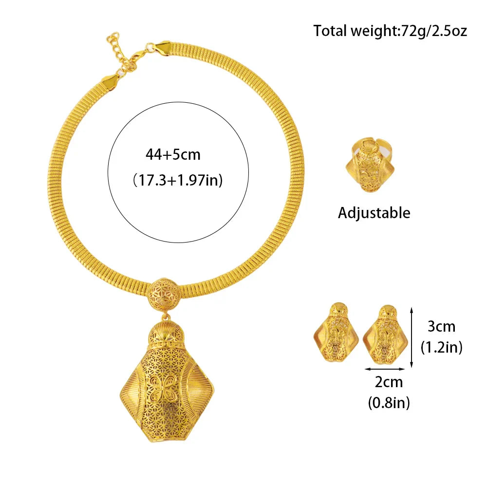 Dubai Luxury Elegant Gold Plated Necklace Ring Earrings 3Pcs Set for Women Gold Color Jewelry Gift for Nigeria Bride Wedding