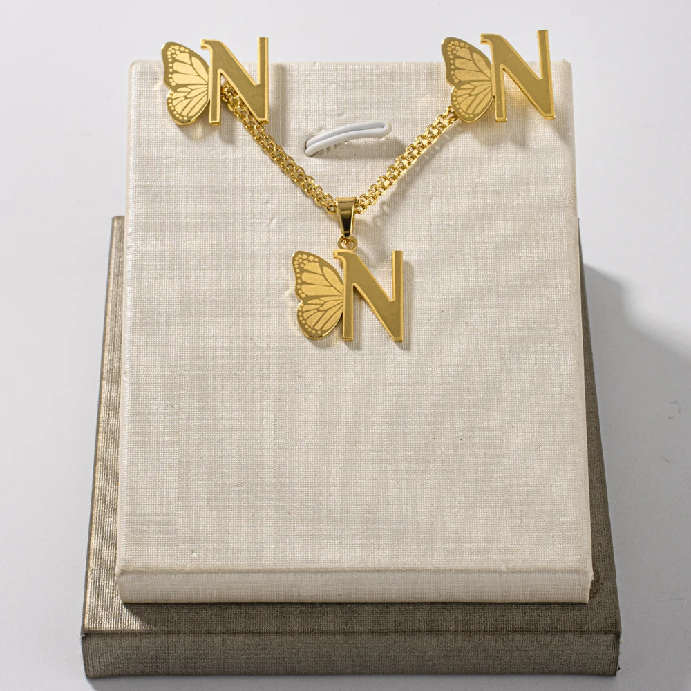 French Letter Pendant Necklace and Earrings 2Pcs Set For Girls Women Gold Color Butterfly Wings Shape Jewelry Gift For Wedding