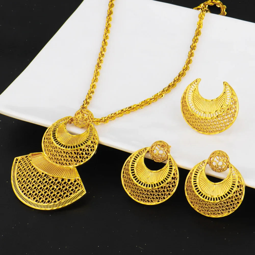 Dubai Luxury Gold Color Shining Necklace Earrings Ring Set for Women Noble Gold Plated Jewelry Gift for Party Wedding Banquet