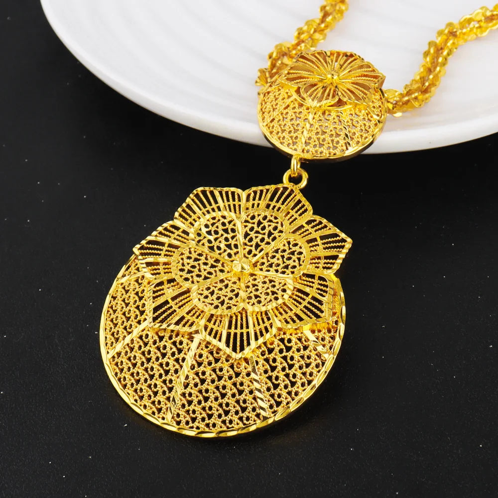 Luxury Dazzling Gold Color Necklace Earrings Ring Set for Women Gold Plated Flower Shape Jewelry Gift for Party Wedding