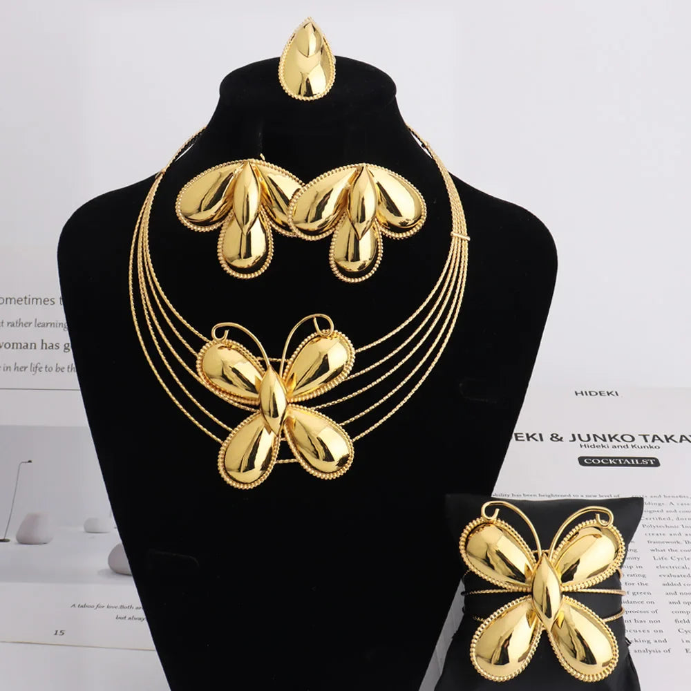 Dubai Luxury Jewellery 4PC Women's Fashion Trendy Flower Earrings Pendant Necklace Bracelet Set Gold-Plated Jewellry Party Gifts