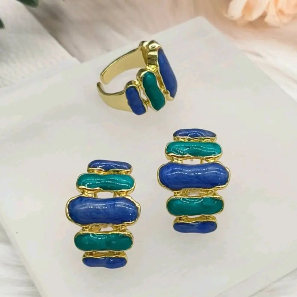 Colorful Women Earrings Ring Congo Africa Trendy Earrings Jewelry Advanced Shine Gold Plated Ring Women's Day Wedding Party