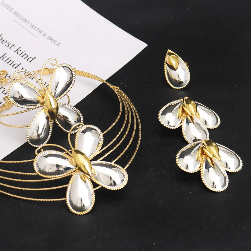 Dubai Luxury Jewellery 4PC Women's Fashion Trendy Flower Earrings Pendant Necklace Bracelet Set Gold-Plated Jewellry Party Gifts