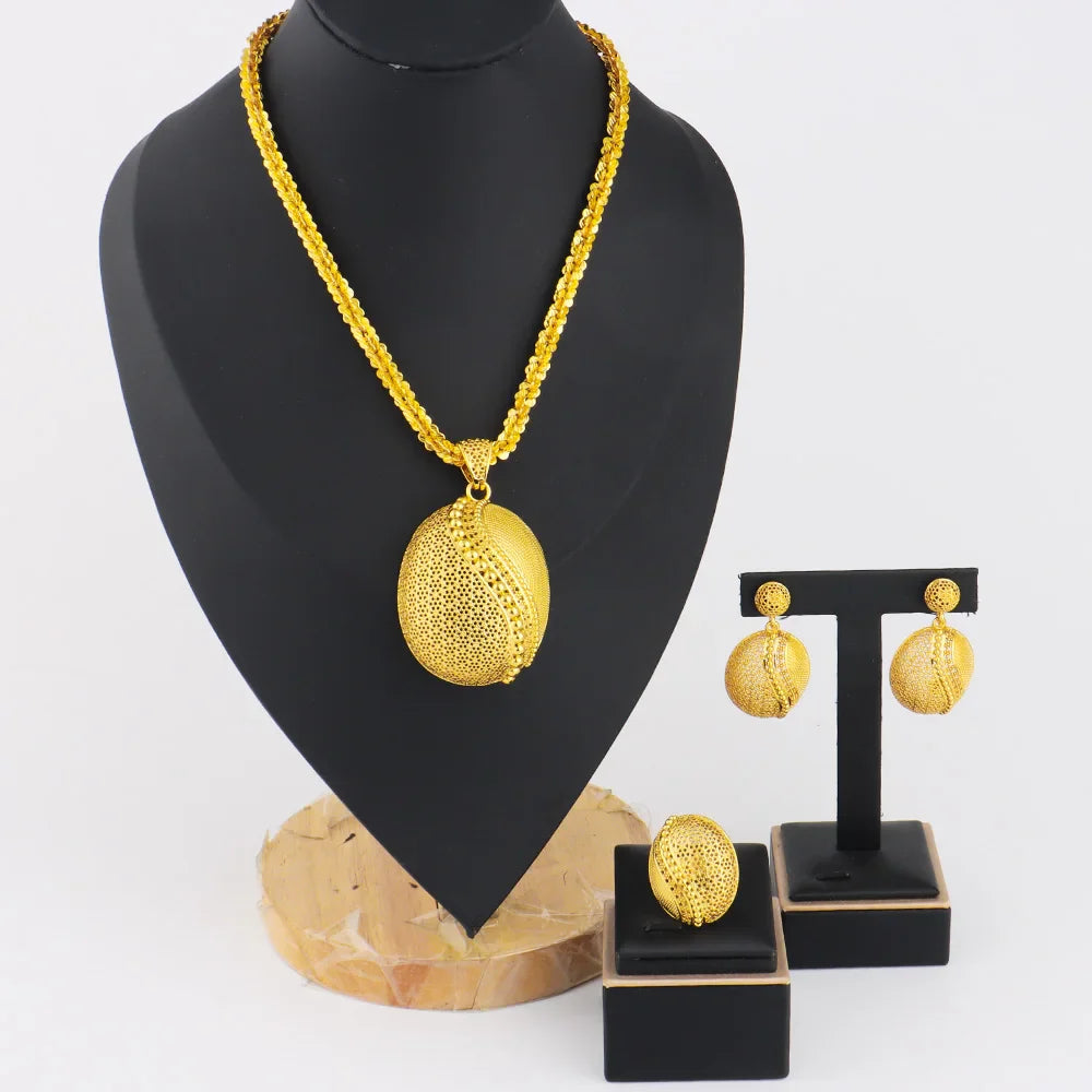 Ethiopia New Style Vintage 3Pcs Jewelry Sets Dragon Egg Shape Pendant Necklace Dubai Mystical Earrings Ring For Party Easter Gif