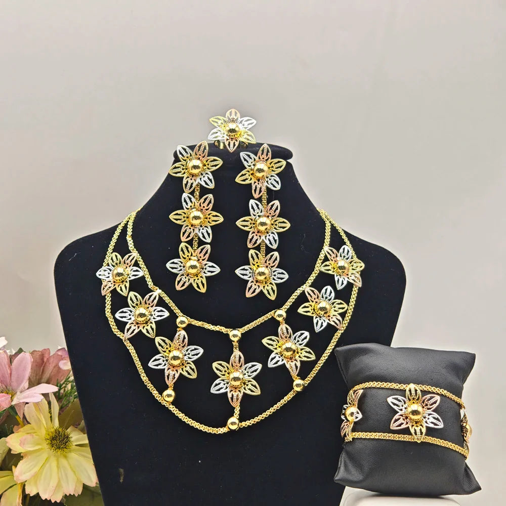 India Gold Plated Jewelry Set For Women Nigeria Girl Grid Necklace Earrings Bangle Flower Ring For Ethiopia Party Mother's Day
