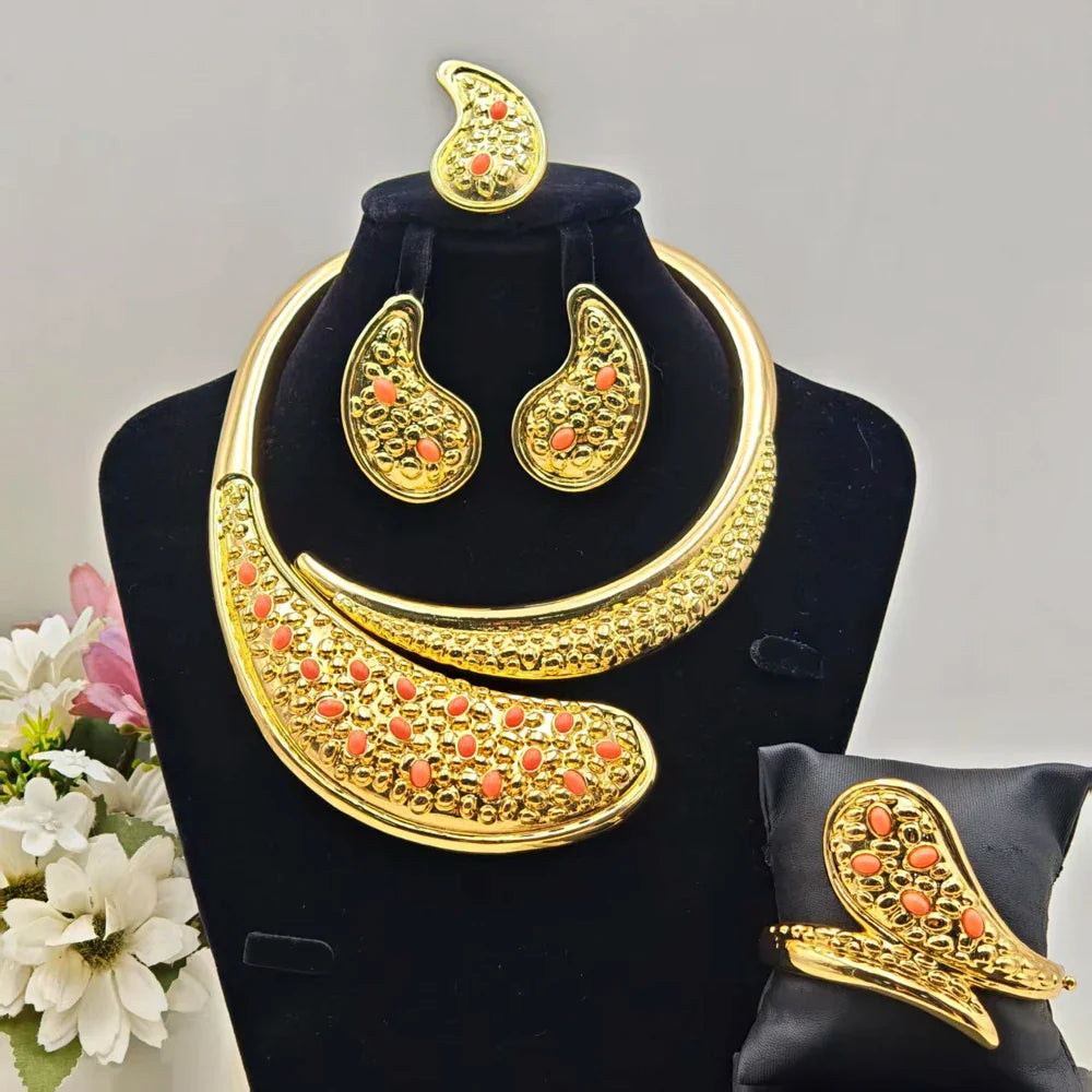Africa Luxury Women Jewelry Set Ethiopia Multicolour Zircon Water Droplet Shape Necklace Earrings Bangle Ring Party Easter Gift