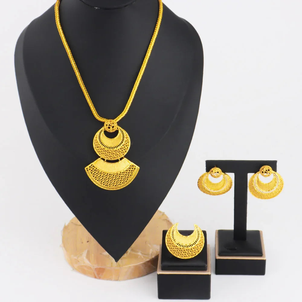 Dubai Luxury Gold Color Shining Necklace Earrings Ring Set for Women Noble Gold Plated Jewelry Gift for Party Wedding Banquet