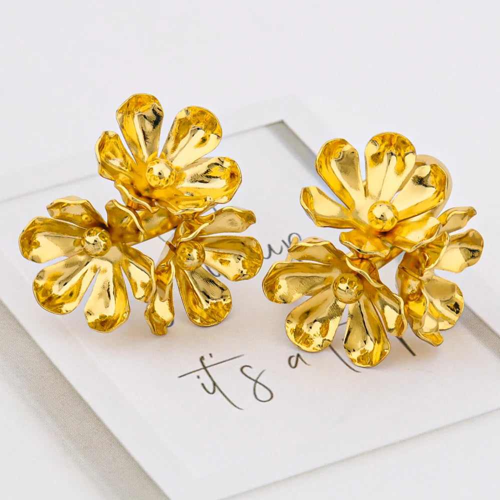 2025 Romantic Gold Color Floral Jewelry Set for Women 3Pc Earrings Bracelet Ring Mother's Day Women's Day Gift Party Accessories