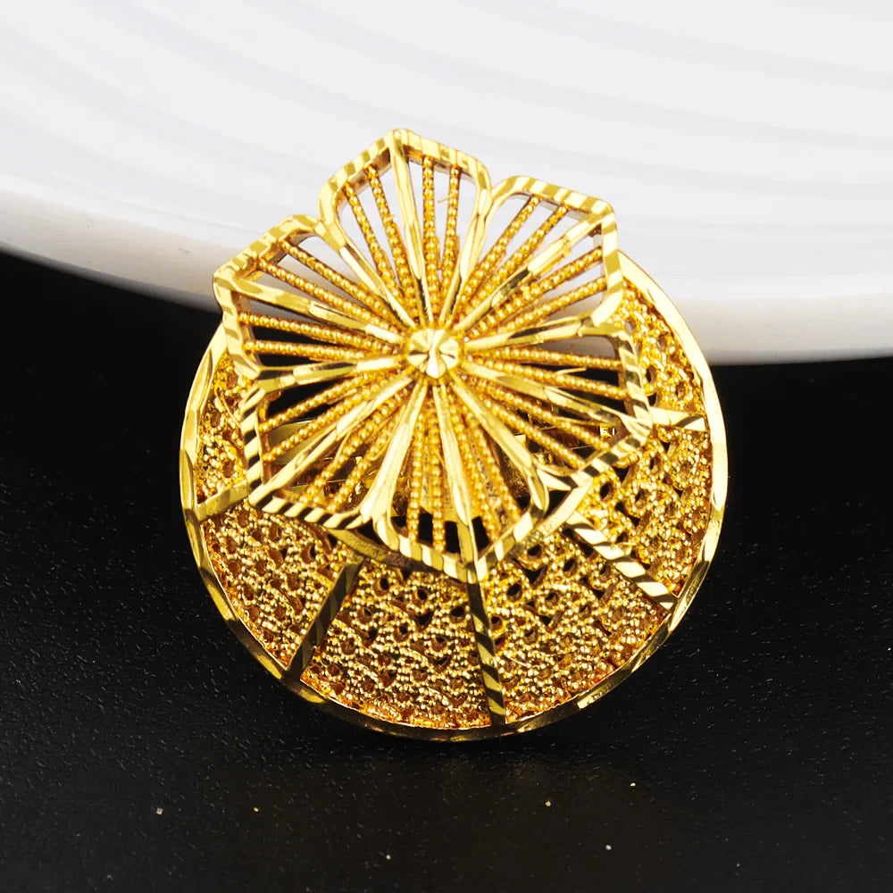 Luxury Dazzling Gold Color Necklace Earrings Ring Set for Women Gold Plated Flower Shape Jewelry Gift for Party Wedding