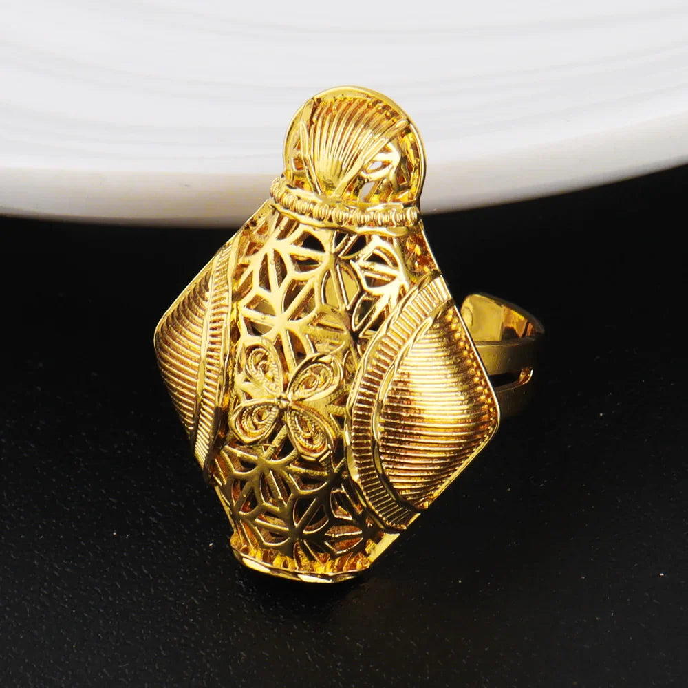 Luxury Nigeria Gold Color Jewelry Set For Women Dubai Nesting Doll Necklace Ring Drop Earrings Gift For Young Girl Party Easter