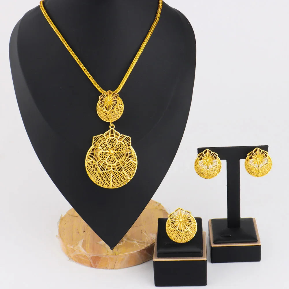 Ethiopia Women Jewelery Set Mid East Flower Earrings Luxury Necklace Ring Easter Mother's Day Party Gift Spring Promotion Arab