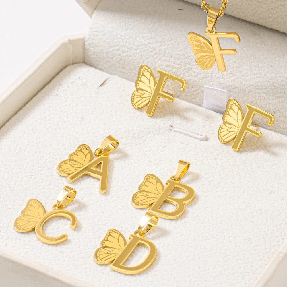 French Letter Pendant Necklace and Earrings 2Pcs Set For Girls Women Gold Color Butterfly Wings Shape Jewelry Gift For Wedding