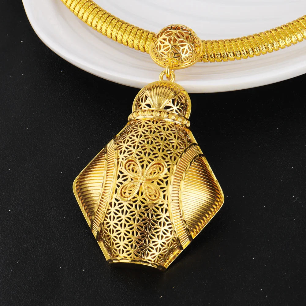 Dubai Luxury Elegant Gold Plated Necklace Ring Earrings 3Pcs Set for Women Gold Color Jewelry Gift for Nigeria Bride Wedding