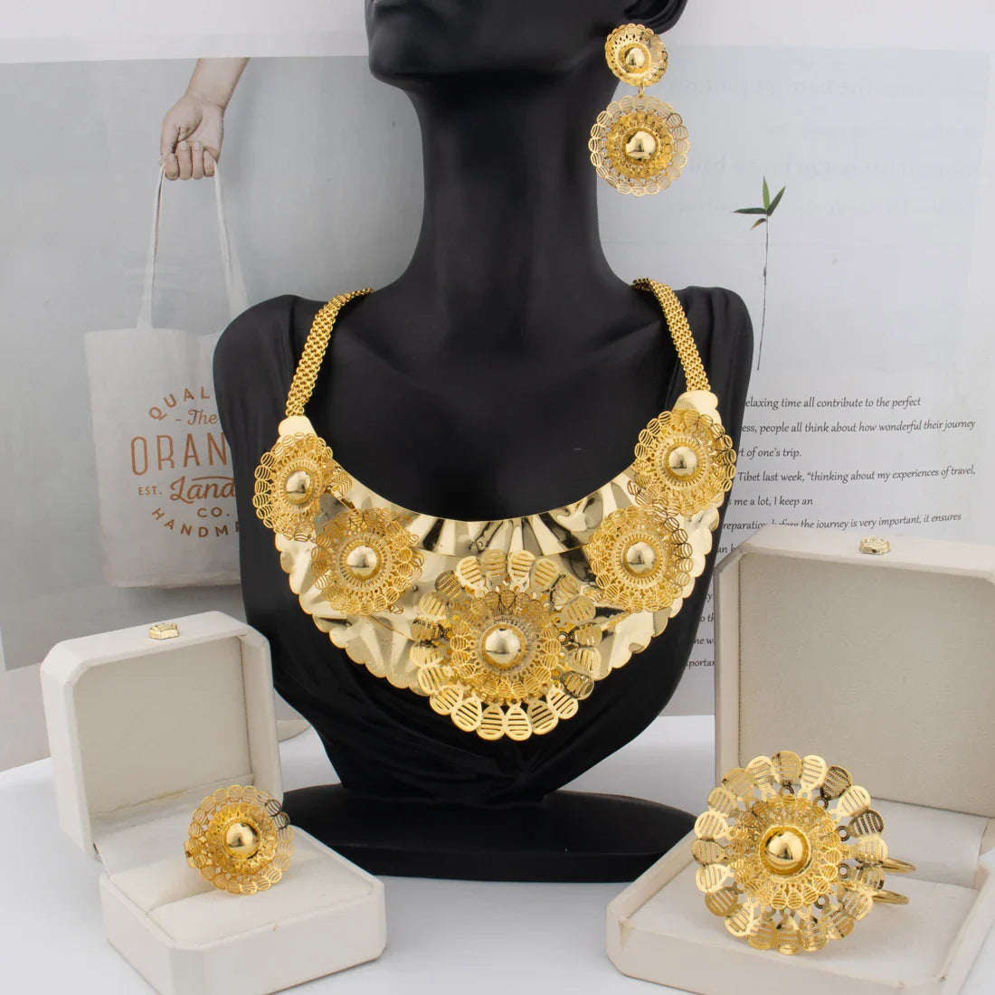 Gold Color Flower Shape Pendant Necklace Ring Necklace Bangle Set for Women 2025 African Trendy Beaded Jewelry Accessories Gift