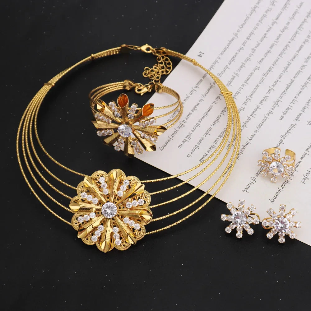 Arab Luxury Women Gold Color Necklace Earrings Bangle Ring Set Hollowed out Colorful Zircon Jewelry Set For Party Easter Gift