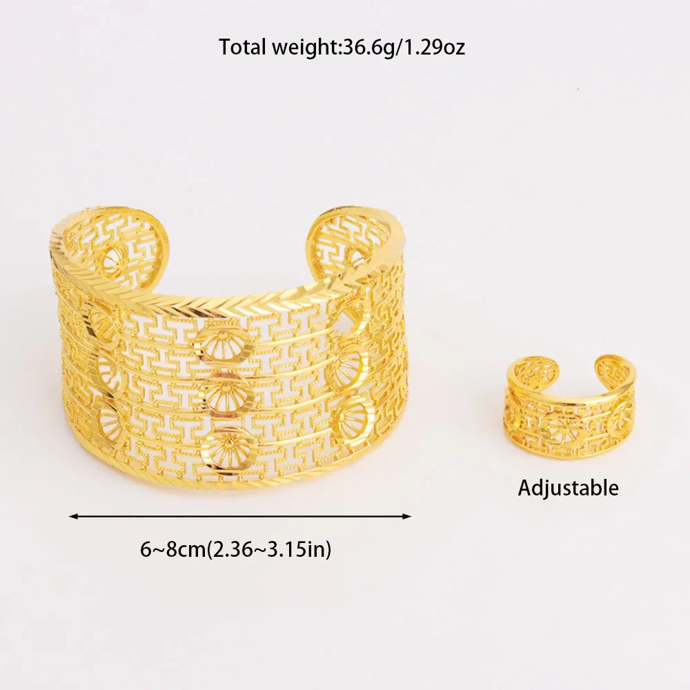 Luxury Dubai Gold Color Bangle And Ring For Women Noble Hollow Out Design Jewelry Set For Easter Gifts Wedding Arabic Party