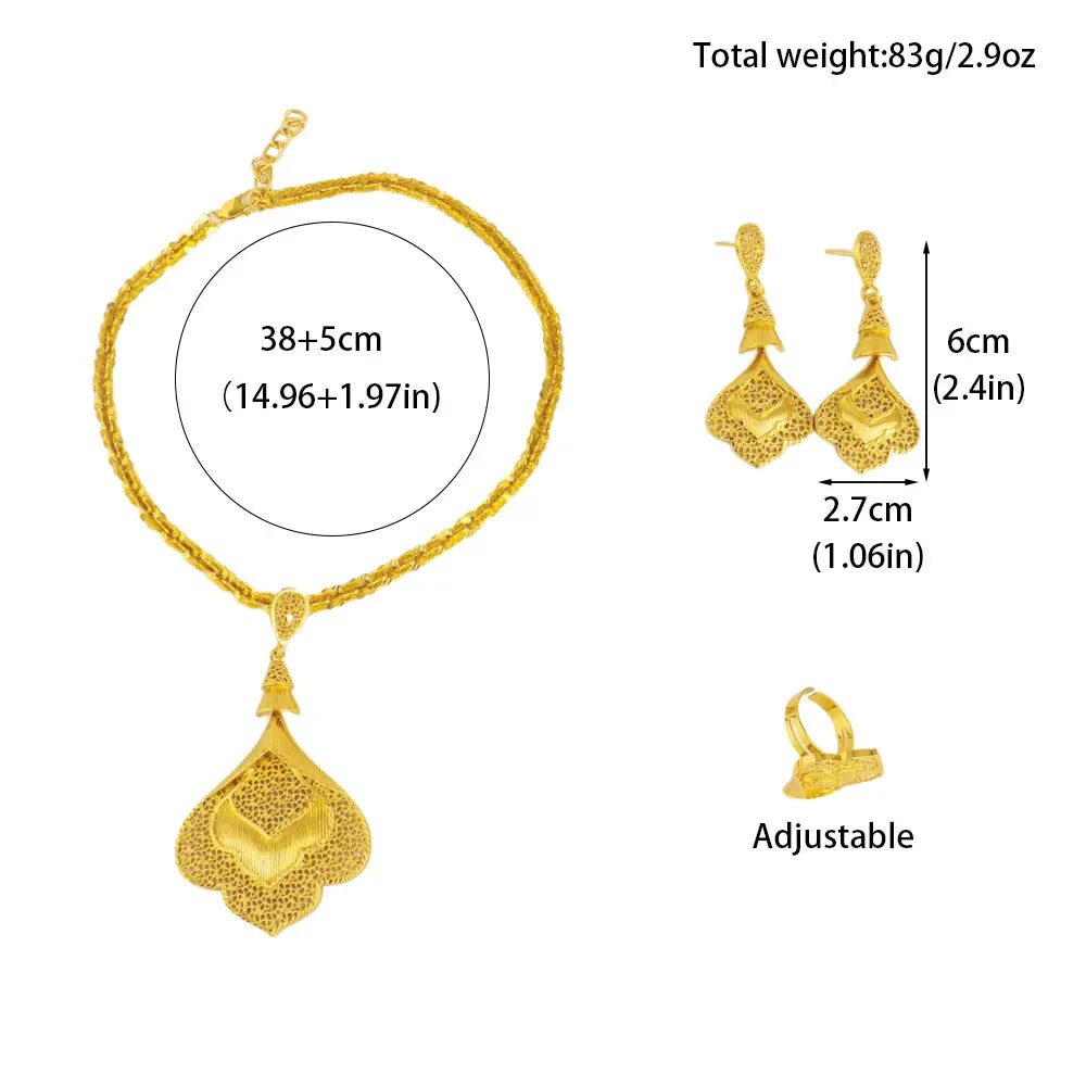 Luxury Shining Gold Plated Necklace Earrings Ring Women Jewelry Set Flower Hollow Shape Jewelries Gift for Party Wedding
