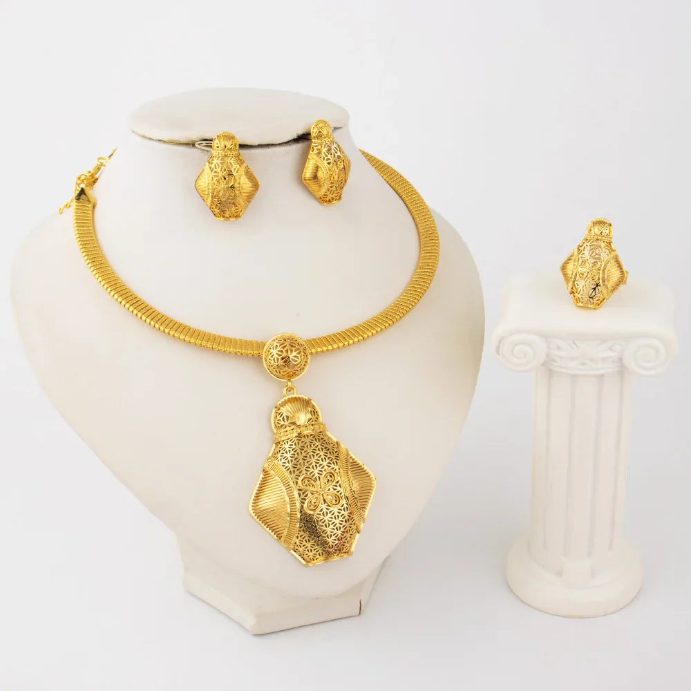 Luxury Nigeria Gold Color Jewelry Set For Women Dubai Nesting Doll Necklace Ring Drop Earrings Gift For Young Girl Party Easter