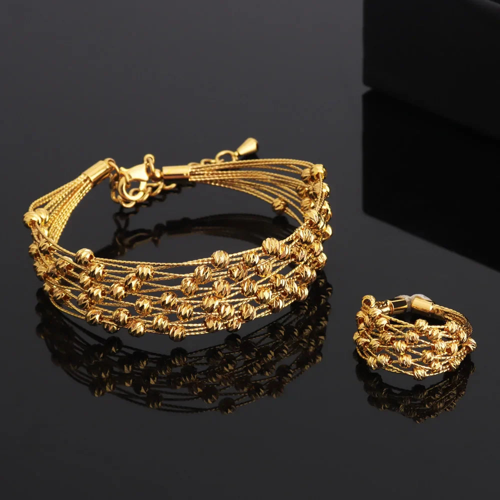 Luxury Dubai Gold Color Bangle And Ring For Women Noble Hollow Out Design Jewelry Set For Easter Gifts Wedding Arabic Party