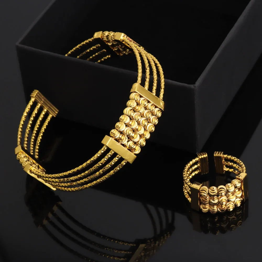 Luxury Dubai Gold Color Bangle And Ring For Women Noble Hollow Out Design Jewelry Set For Easter Gifts Wedding Arabic Party