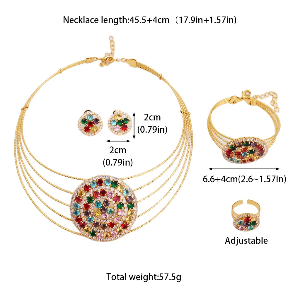 Luxury Noble Gold Color Necklace Earrings Bracelet Ring Set For Women Round Shape Jewelry Set For Party Wedding Banquet Gift