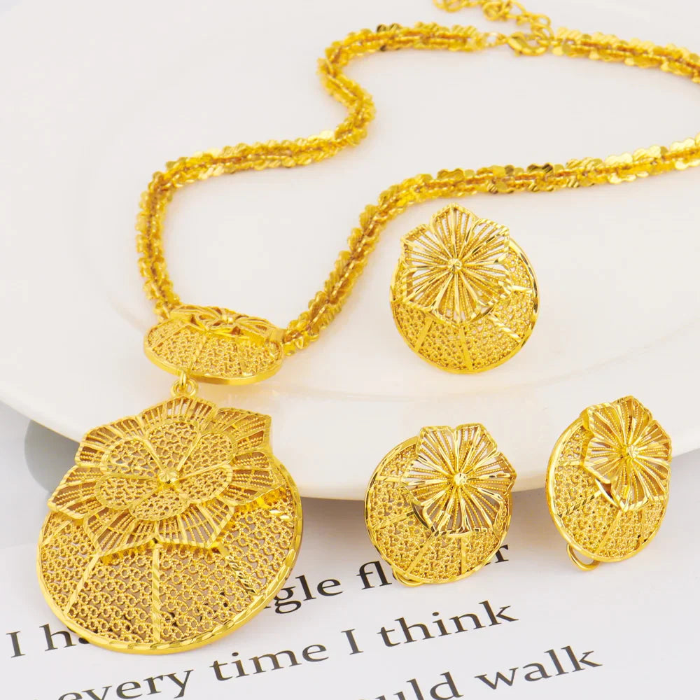 Luxury Dazzling Gold Color Necklace Earrings Ring Set for Women Gold Plated Flower Shape Jewelry Gift for Party Wedding