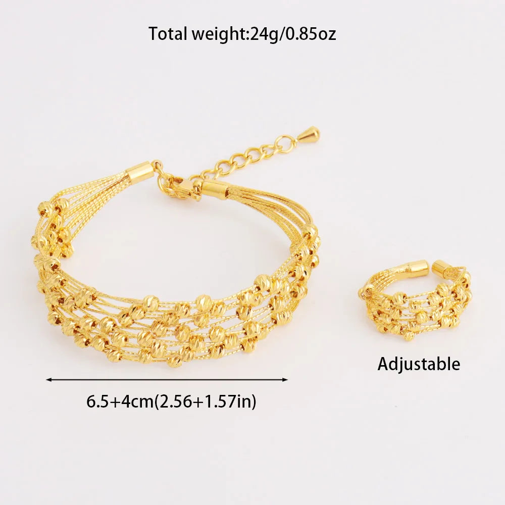 Luxury Dubai Gold Color Bangle And Ring For Women Noble Hollow Out Design Jewelry Set For Easter Gifts Wedding Arabic Party
