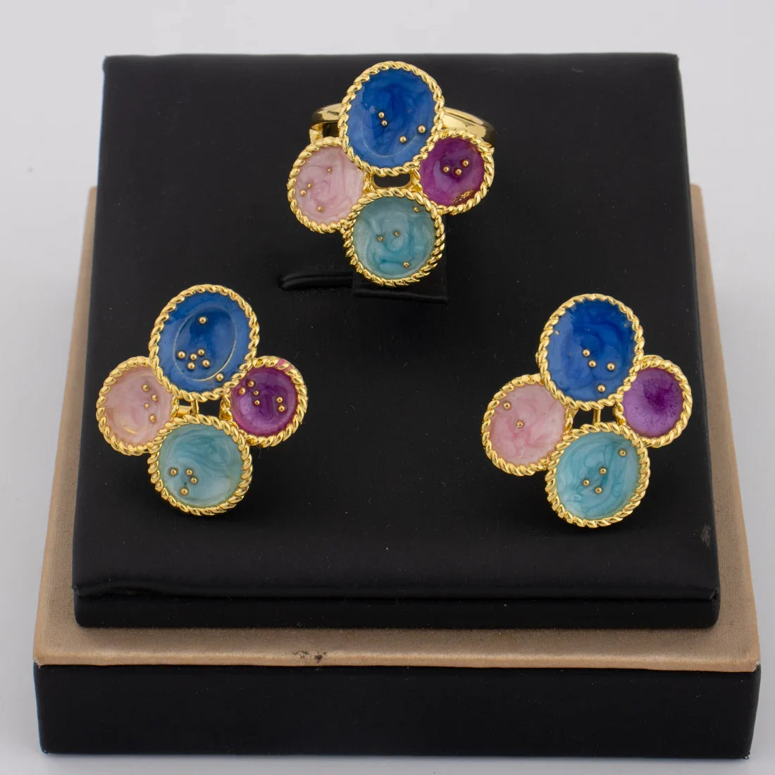 Gold Color Dopamine Color Women Jewelry Set For Earrings and Ring Nigeria Party Wedding Banquet Festival Gift Christmas