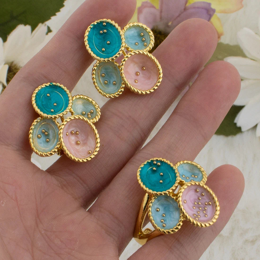 Gold Color Dopamine Color Women Jewelry Set For Earrings and Ring Nigeria Party Wedding Banquet Festival Gift Christmas