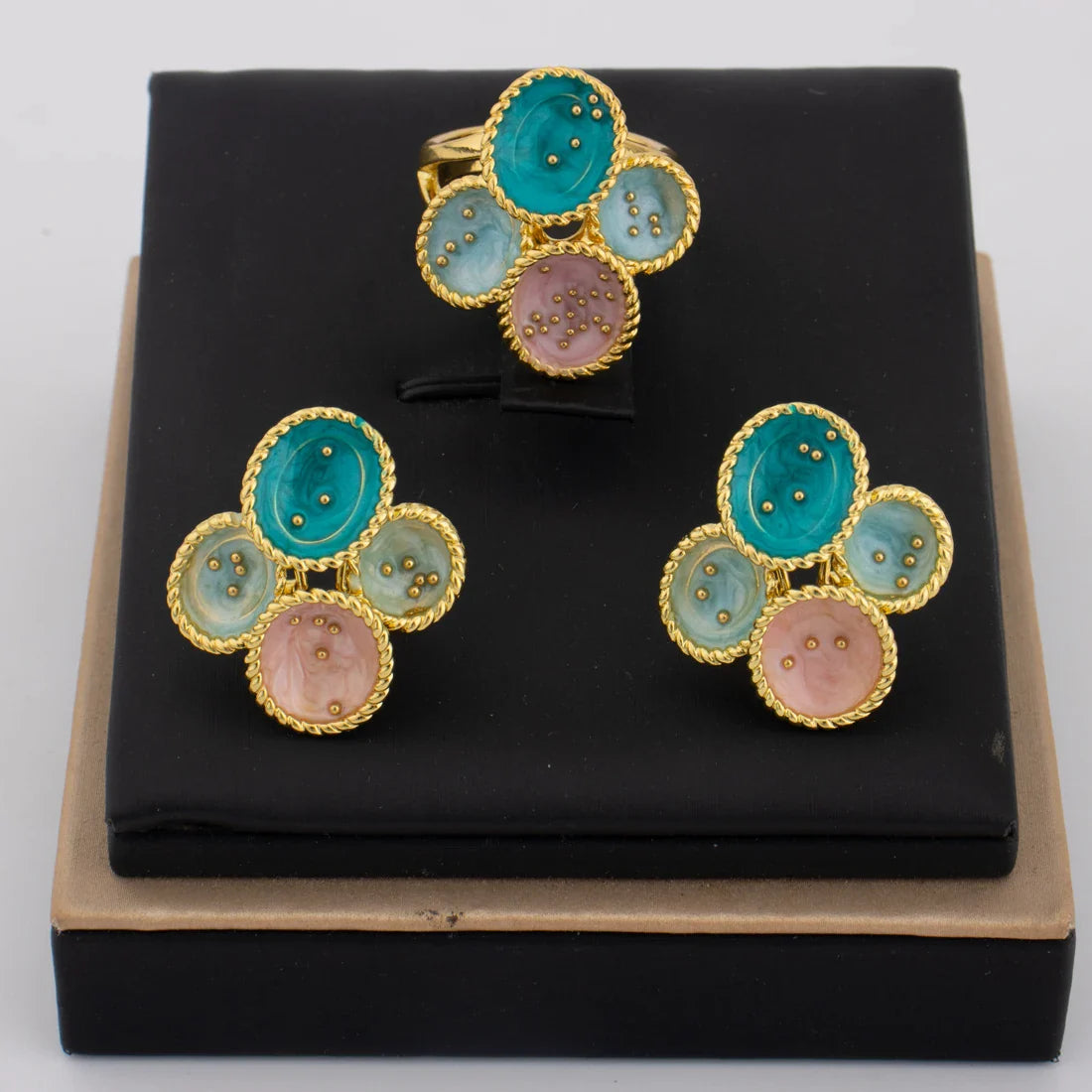 Gold Color Dopamine Color Women Jewelry Set For Earrings and Ring Nigeria Party Wedding Banquet Festival Gift Christmas