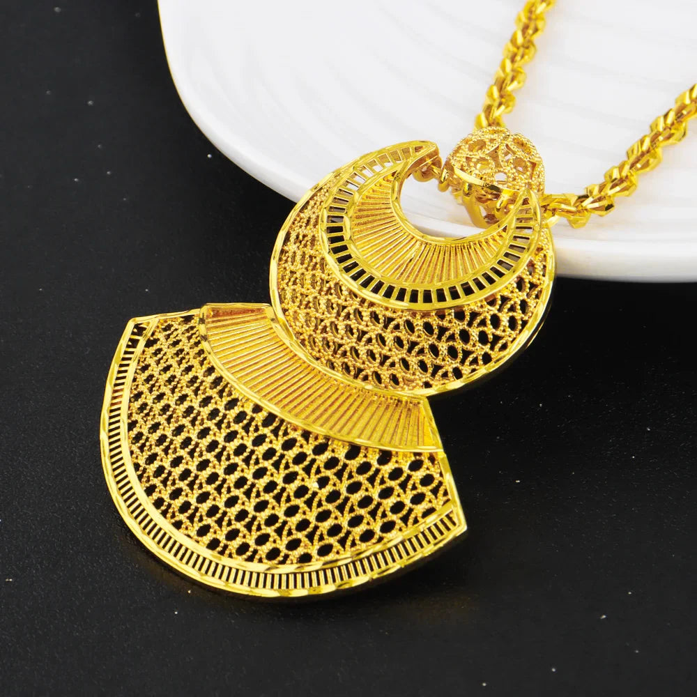 Dubai Luxury Gold Color Shining Necklace Earrings Ring Set for Women Noble Gold Plated Jewelry Gift for Party Wedding Banquet