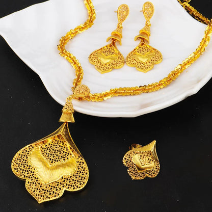 Luxury Shining Gold Plated Necklace Earrings Ring Women Jewelry Set Flower Hollow Shape Jewelries Gift for Party Wedding
