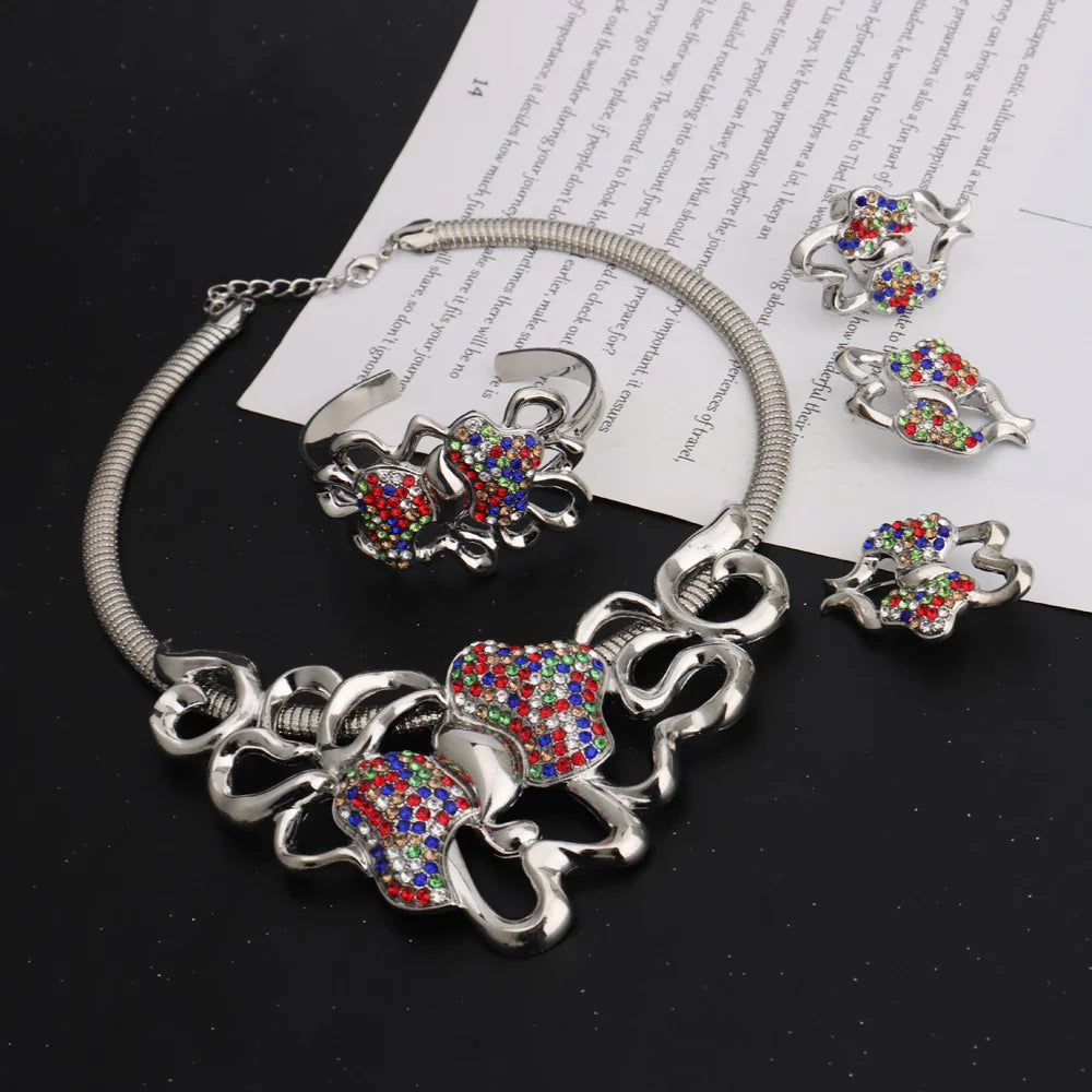 Dubai Gold Color Silver Color Irregular Hollow out Shape Jewelry Set For Women Necklace Earrings Ring Bracelet For Party Wedding