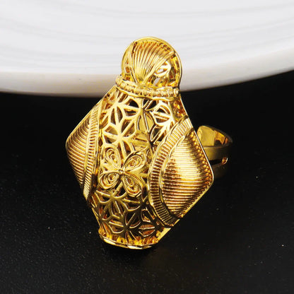 Dubai Luxury Elegant Gold Plated Necklace Ring Earrings 3Pcs Set for Women Gold Color Jewelry Gift for Nigeria Bride Wedding