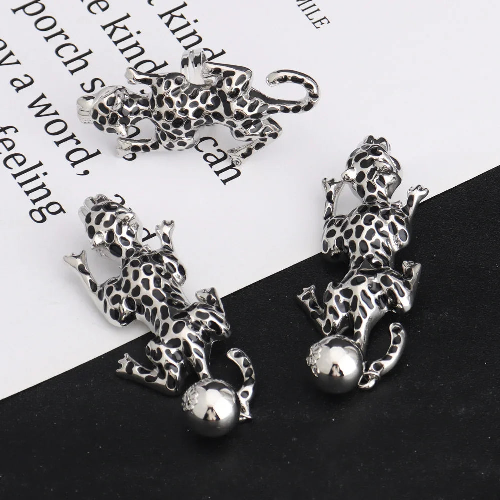 Nigerian Sliver Color Huge Leopard Shape Jewelry Set Exaggerate Africa Woman Necklace Earring Ring Bangle Easter Party Gift