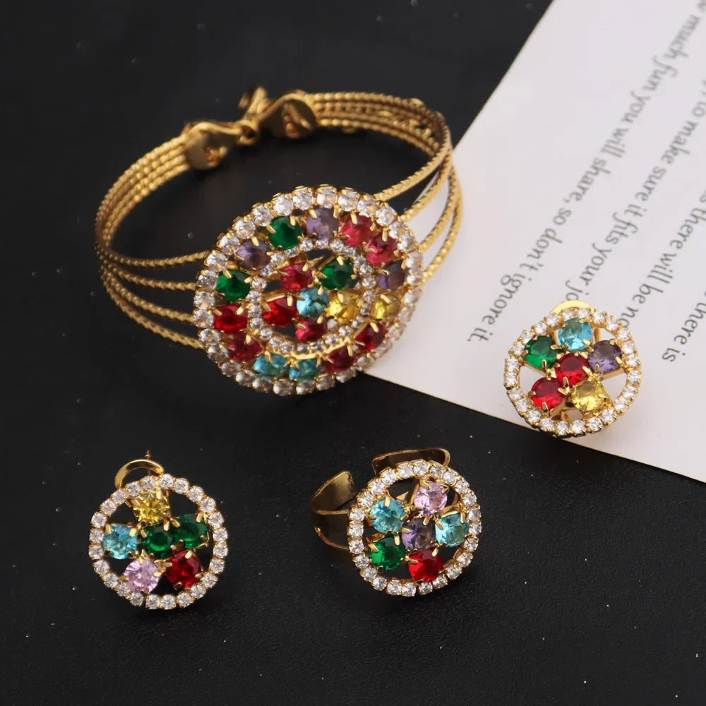 Luxury Noble Gold Color Necklace Earrings Bracelet Ring Set For Women Round Shape Jewelry Set For Party Wedding Banquet Gift