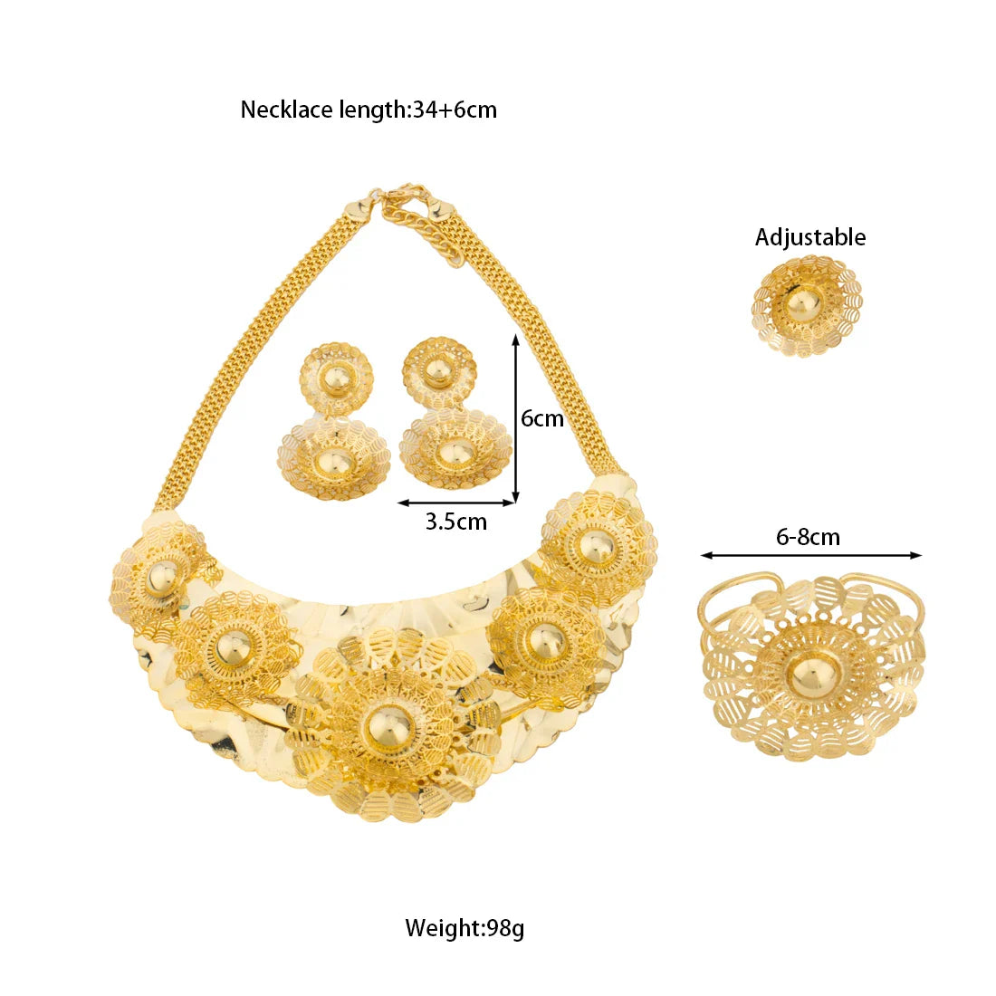 African Luxury Jewelry Set Big Necklace Dubai Ethiopian Gold Color Earring Bracelet ring For Women Bridal Choker Wholesale