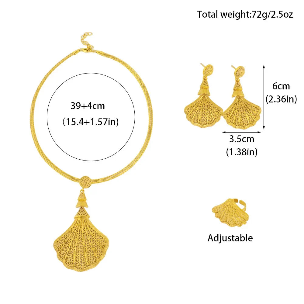 Luxury Gold Plated Sea Shell Shape Necklace Earrings Ring Set for Women Nigeria Elegant Design Jewelry for Party Wedding