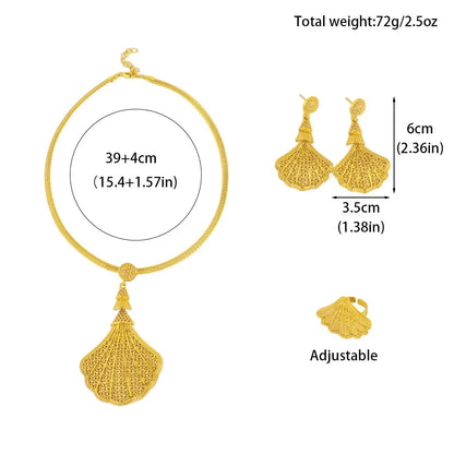 Luxury Gold Plated Sea Shell Shape Necklace Earrings Ring Set for Women Nigeria Elegant Design Jewelry for Party Wedding