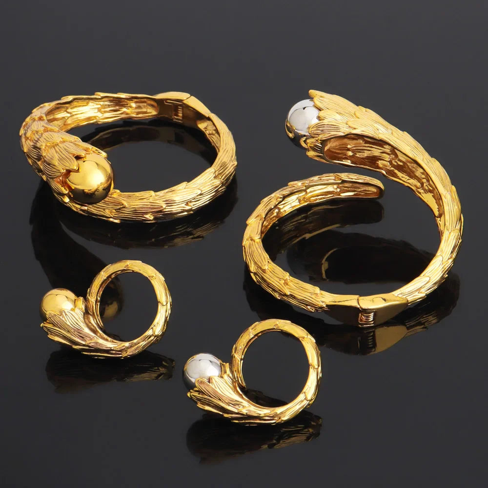 Bracelet For Women Gold Plated Woven Pattern Copper Zircon Bangle And Ring Dubai Jewelry Nigeria Trending Wedding Party Gift