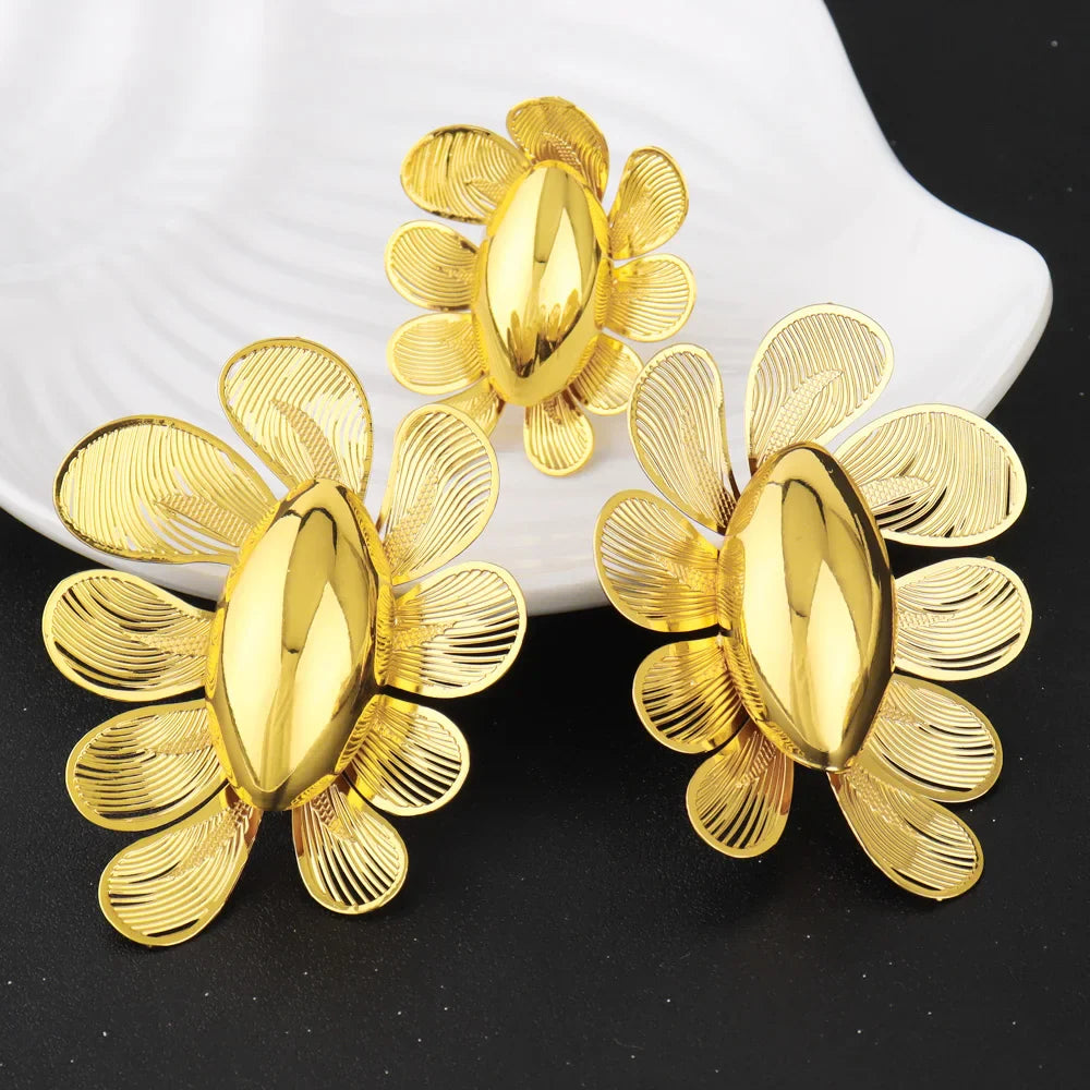 Luxury Shining Gold Color Earrings Ring Set for Women Bride Nigeria Noble Design Jewelry Gift for Wedding Party Accessories