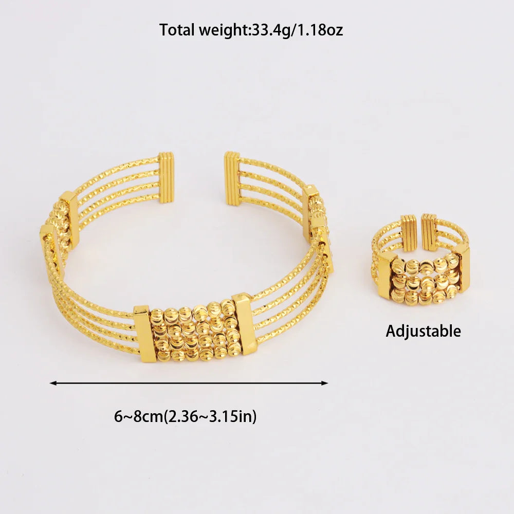 Luxury Dubai Gold Color Bangle And Ring For Women Noble Hollow Out Design Jewelry Set For Easter Gifts Wedding Arabic Party