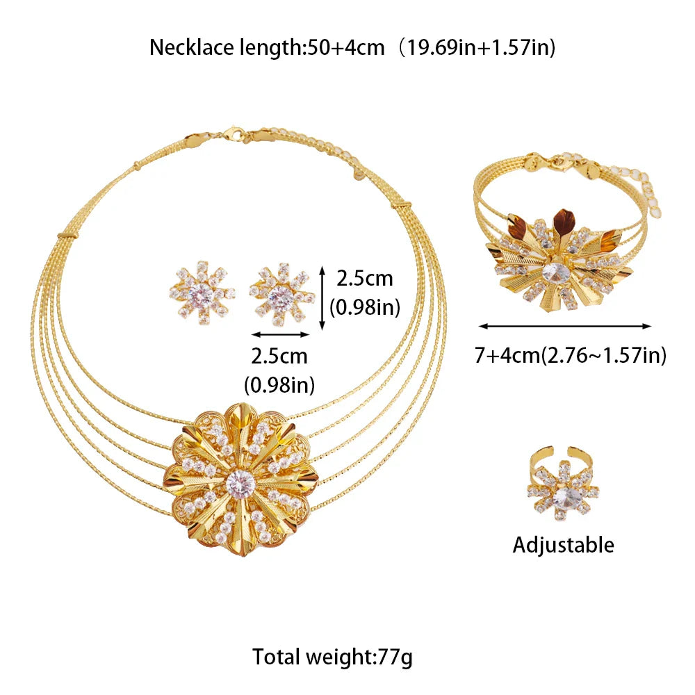 Arab Luxury Women Gold Color Necklace Earrings Bangle Ring Set Hollowed out Colorful Zircon Jewelry Set For Party Easter Gift