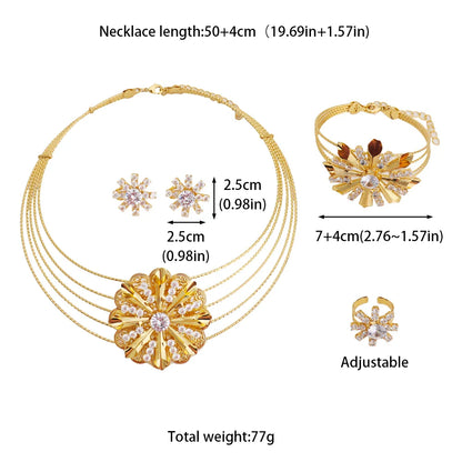 Arab Luxury Women Gold Color Necklace Earrings Bangle Ring Set Hollowed out Colorful Zircon Jewelry Set For Party Easter Gift