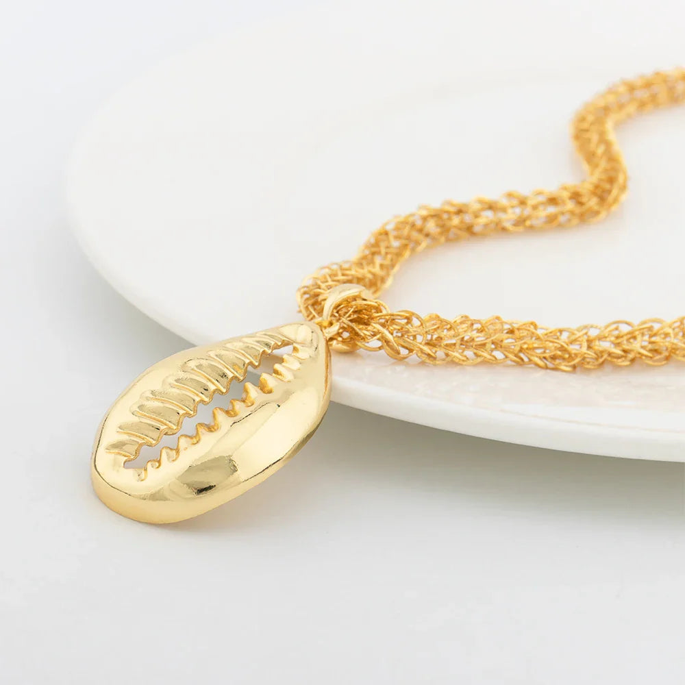 YM 4PCS Jewelry Set for Women Shell Pendant with 60cm Chain Dubai Gold Color Necklace Cuff Bangles Adjustable Rings Wedding Gift - YUEMING JEWELRY
