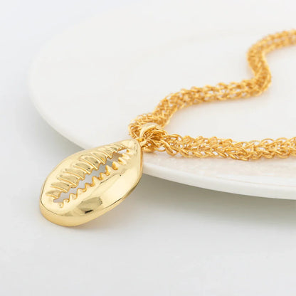 YM 4PCS Jewelry Set for Women Shell Pendant with 60cm Chain Dubai Gold Color Necklace Cuff Bangles Adjustable Rings Wedding Gift - YUEMING JEWELRY